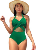 New Women One Piece Swimsuit with Half Transparent Chiffon Embroidery Middle Bikini, Green Size XL!