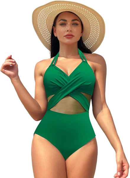 New Women One Piece Swimsuit with Half Transparent Chiffon Embroidery Middle Bikini, Green Size XL!