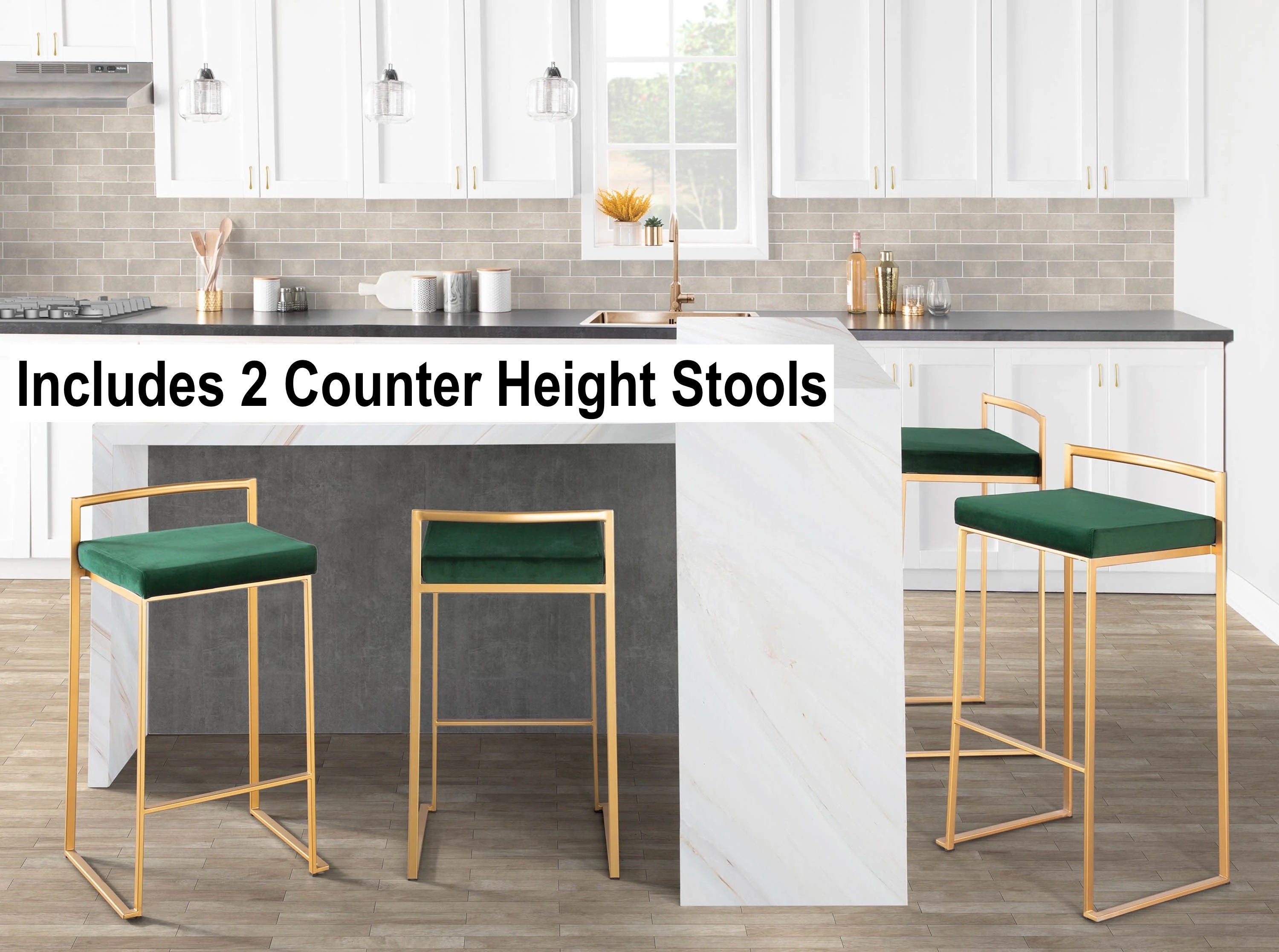 New in box! Retails $470+ Willa Arlo Interiors Stunning Green Velvet & Gold Metal Base Counter Stools, set of 2!