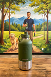 Retails $120+ NEW Thermosis 64 Oz Stainless Steel Insulated Water Bottle with integrated pet bowls for food and water - Includes 1 Lid - Leak Proof - GREEN! Great for walks with your Pooch!