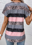 New Grey Button Striped Short Sleeve Split Neck Blouse Sz L! Fits True! Retails $47+