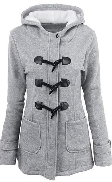 NEW Women Hooded Zipper Up Cow Horn Button Coats Fleece Padded Warm Long Sleeve Sweater Outwear, Light Grey, Sz S