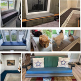 New bench or window sill cushion for indoor or outdoor use! Grey piped edge cushion with removable cover. 46 inch x 23 inch x 2.5 inch thick