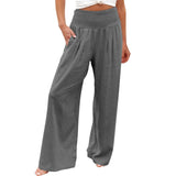 New Women Summer High Waisted Cotton Linen Palazzo Pants Solid Color Wide Leg Long Lounge Pant Trousers with Pocket Dark Grey, Sz L