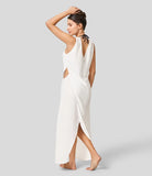 New Halara V Neck Sleeveless Cut Out Split Maxi Casual Linen-Feel Dress! White! L Retails $54+