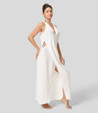 New Halara V Neck Sleeveless Cut Out Split Maxi Casual Linen-Feel Dress! White! L Retails $54+