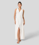 New Halara V Neck Sleeveless Cut Out Split Maxi Casual Linen-Feel Dress! White! L Retails $54+