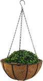 New fiber hanging round coconut basket with faux greenery filler. Our greenery is shown in other pics