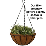 New fiber hanging round coconut basket with faux greenery filler. Our greenery is shown in other pics