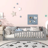 NIB! Harriet Bee Twin Floor Platform Bed with Fence Grey! Retails $370+ NOTE: small spot on wood grey rubbed off from transport, could easily touch up