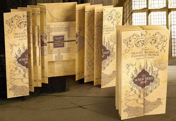 New The Noble Collection Harry Potter Marauder's Map, Full-Size Replica  The folded map measures 8.25 inches wide but unfolds to 6 feet long! Plus, several "secret" panels unfold to reveal even more detail throughout the map.
