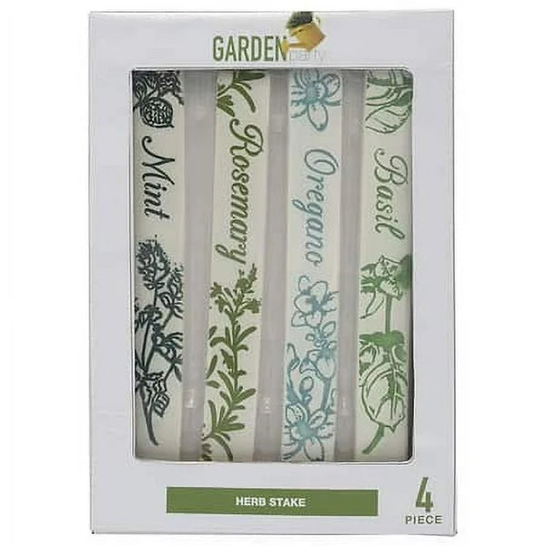 New in package! Garden Party 4 Piece Herb Stakes Set - Mint, Rosemary, Oregano, Basil! Use indoors or out! Use these stakes to mark your herbs