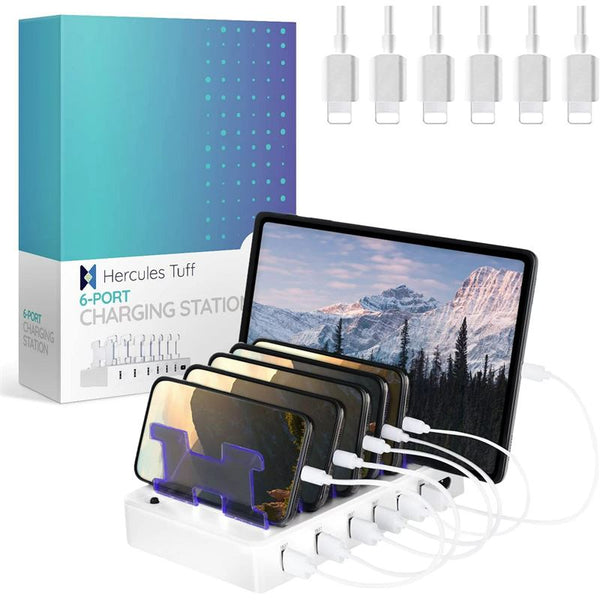 New Hercules Tuff Charging Station for Multiple Devices - 6 Ports, iOS & Micro USB Compatible w/ Cell Phones, Smart Phones, Tablets, &Other Electronics - White