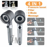 New 4 In 1 High Pressure Shower Head With Filter Shower Head High Pressure 3 Mode Water Saving, includes connector hose!