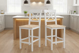 NEW IN BOX! Retails $166, HOMCOM Bar Stools Set of 2, Farmhouse Counter Height Barstools, Solid Wood Bar Chairs with Cross Back and Footrest for Kitchen, Natural (2 STOOLS ONLY)