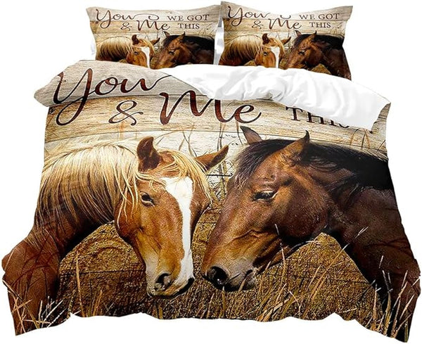 New VIVIHOME 3PCS Romantic Horse Couple Duvet Cover Queen, You & Me We Got This Country Western Ranch Farm Animal Duvet Cover, Rustic Farmhouse Bedding, Comforter Quilt Cover, Bedroom Decor, 2 Pillowcases QUEEN