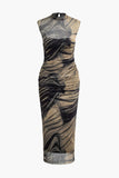 NEW WITH TAGS! Micas Abstract Print Mock Neck Mesh Ruched Sleeveless Maxi Dress SZ S! Retails $60+