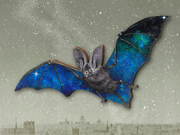 NEW Whimsical Wooden Brooch PIN “Nightflight” Vintage Bat Halloween Horror Gothic Dracula Vampire Lasercut Universe Star Nightsky