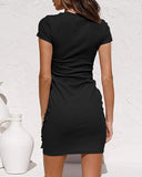 New isermeo Women's Summer Casual Short Sleeve Dress Crewneck Ruched Tie Waist Dress Black Size Large