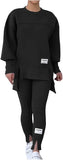 New Sz L Womens Pant Sets 2 Piece Outfits Track Suit Sweatsuit Long Sleeve High-Low Slit Hem Top Sweatshirt Leggings Jogger Set Black