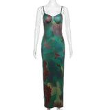 NEW Tie Dye V Neck Contrast Hollow Out Backless Cami Cut out Maxi Dress, Sz S