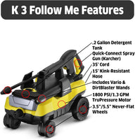 New Karcher 1800 PSI 1.30 GPM K 3 Follow Me Portable Electric Power Pressure Washer on Wheels with Vario & Dirtblaster Spray Wands! Only 4-wheeled electric pressure washer on the market! Retails $270+