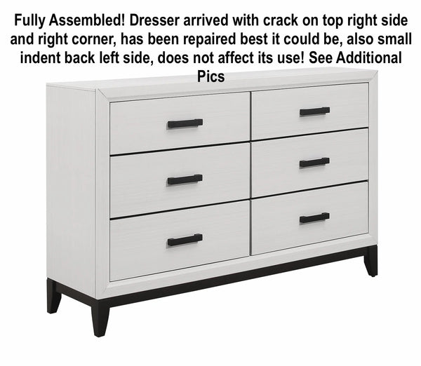 New Retail $600+ Fully Assembled Kate Bedroom 6-Drawer Dresser, 58"W x 37"H - White! Note: Top of dresser & right corner had a crack from transport Has been repaired, see pics!