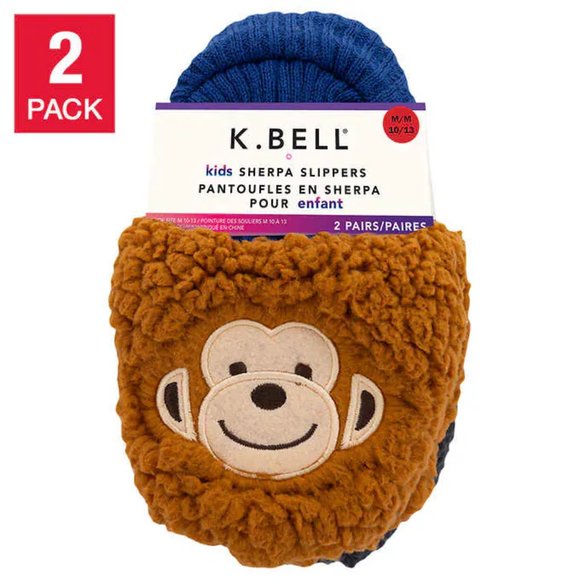 NEW K.Bell Kid's Sherpa Slippers | 2 Pack!! Includes Brown Monkey & Black Bear, Sz M Fits Kids Sz 10-13 Retails $15