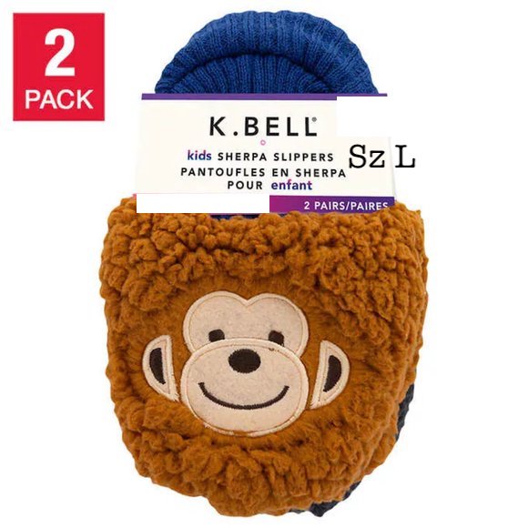 NEW K.Bell Kid's Sherpa Slippers | 2 Pack!! Includes Brown Monkey & Black Bear, Sz L Fits Kids Sz 13-4 Retails $15