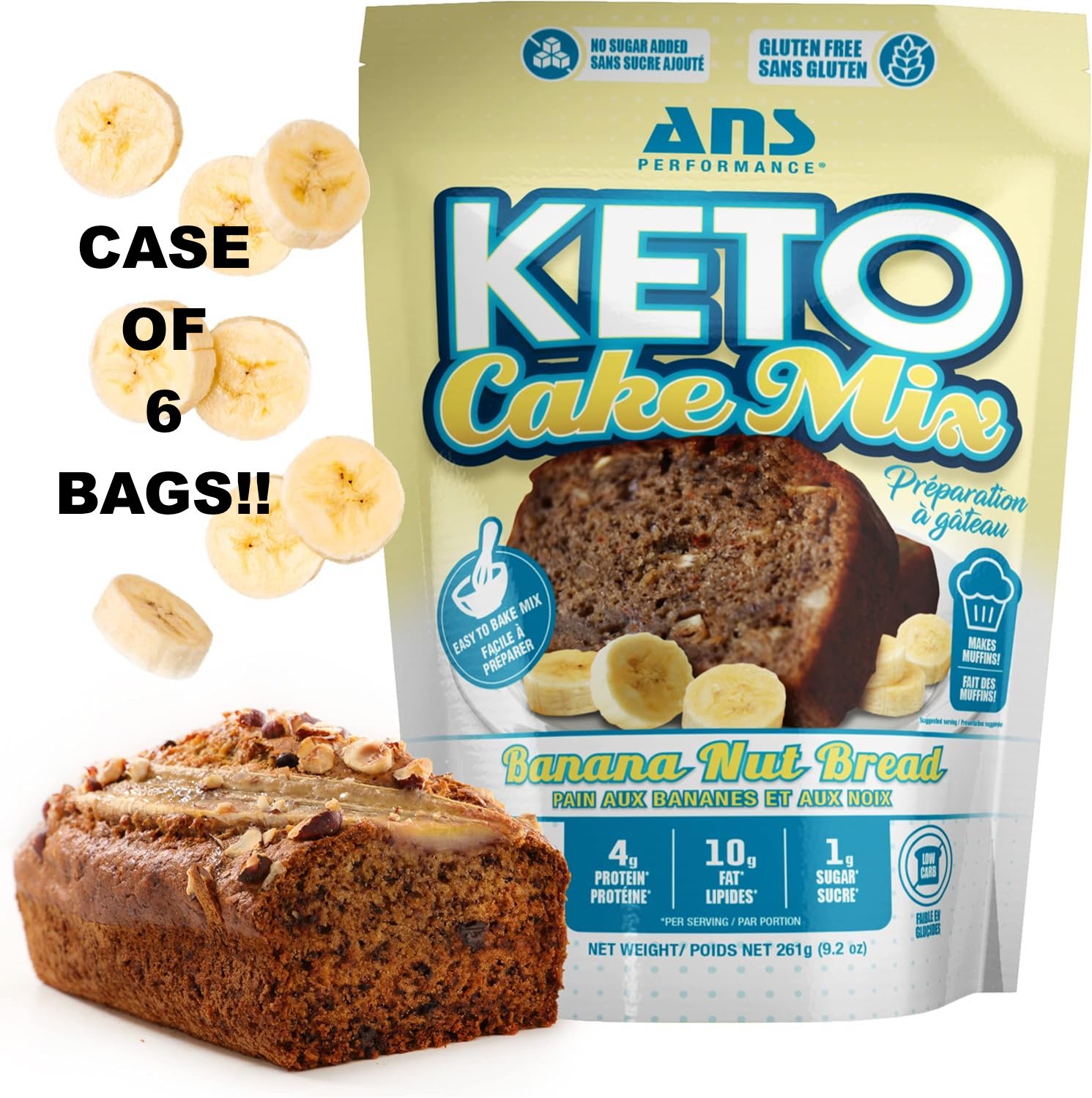 New CASE OF 6 ANS Performance Keto Muffin/Cake Mix - Banana Nut Bread - Naturally Sweetened - Gluten-Free Treat - Vegetarian Friendly BB 03/24 Retails 78+