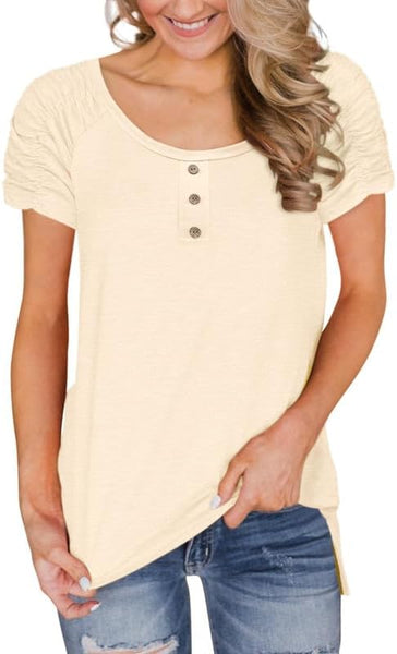 New Women's KISSMODA Ruched Short Sleeve Ultra Soft Button Tee in Oatmeal Sz XXL