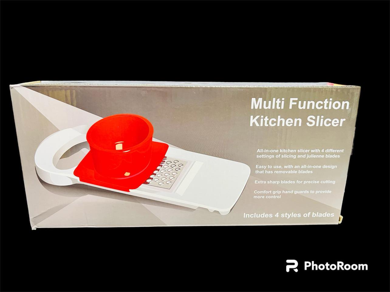 New Multi purpose Kitchen slicer includes 4 blades, box has damage but contets are perfect!