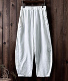 New IXIMO Women's Casual Cotton Linen Baggy Pants with Elastic Waist Relax Fit Lantern Trouser White Sz M Retails $65+