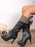 New Women's High Heeled Slouchy Boots, Fashion Leopard Print Back Lace Up High Heeled Boots, Stylish Pull On Mid Calf Boots Sz 6