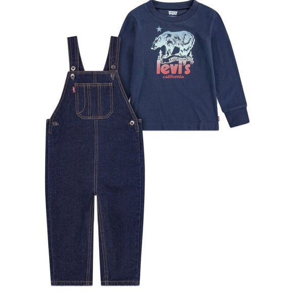 New with tags! 2 piece boys Levi's overall set blue long sleeve tshirt blue jean overalls, Sz 24 Months! Retails $56+