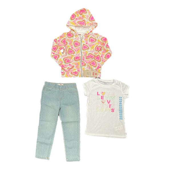 New with tags! Levi's Girl's 3 Piece Zip Jacket Graphic T-Shirt and Denim Outfit Set (Tie Dye Pink Heart, 24 Months) Retails $56+
