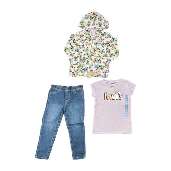 New with tags! Levi's Girl's 3 Piece Zip Jacket Graphic T-Shirt and Denim Outfit Set (Purple Butterfly, 24 Months) Retails $56+
