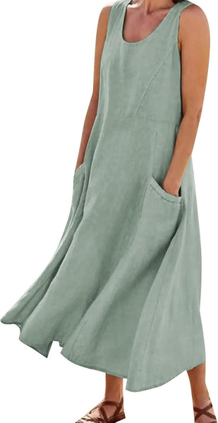 New Women Summer Casual Cotton Linen Sleeveless dress with front pockets, pull over style! Mint Green Sz M