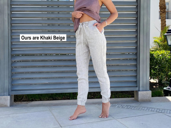 NEW Women's Drawstring Slim Fit Natural Linen Pant with Pockets Lightweight Breathable - Color: Khaki - Size M - Retails $72