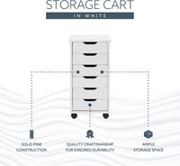 New Assembled Linon Home Decor 25" High Solid Wood Corinne Six Drawer Storage, White Wash Rolling Cart