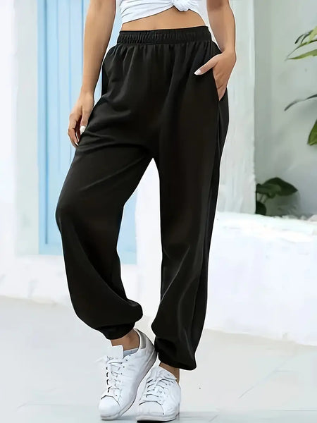 New Women's Plain High Waist Casual Pants With Pockets, Elastic Waist Loose Fit Jogger Pants, Women's Activewear Black, Sz 2X