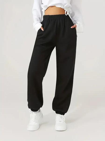 New Women's Plain High Waist Casual Pants With Pockets, Elastic Waist Loose Fit Jogger Pants, Women's Activewear Black, Sz L