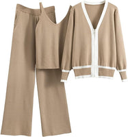 New 3 Piece Lounge Sets for Women Long Sleeve Zip Up Oversized Sweater Cardigan Knit Tank Tops Wide Leg Pants Loungewear in Khaki, Sz L Retails $75+