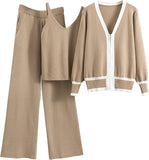 New 3 Piece Lounge Sets for Women Long Sleeve Zip Up Oversized Sweater Cardigan Knit Tank Tops Wide Leg Pants Loungewear in Khaki, Sz L Retails $75+