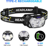 New Retails $25+ Lsnisni 9 LED Headlamp Rechargeable, 2000 Lumen Super Bright 10 Modes Motion Sensor Head Lamp with White Red Light, Ultralight and Waterproof Headlight Flashlight with USB C Cable for Camping Hiking