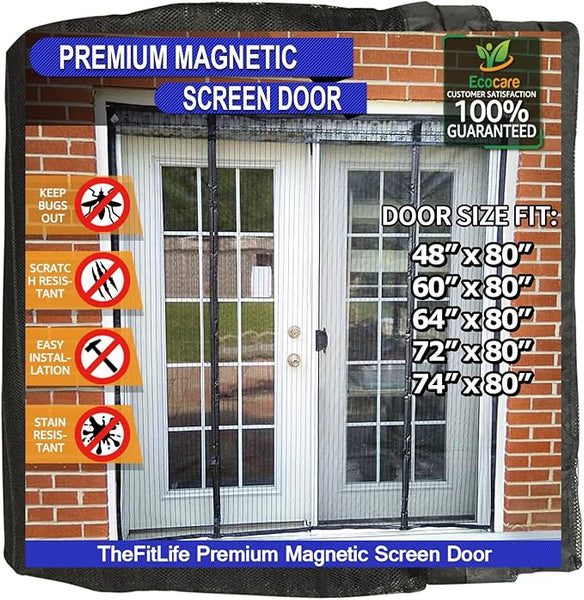 New TheFitLife Double Door Magnetic Screen - Mesh Curtain with Full Frame Hook & Loop Powerful Magnets, Snap Shut Automatically for Patio, Sliding Or Large Door (Black Fits Doors up to 48''x80'' Max)