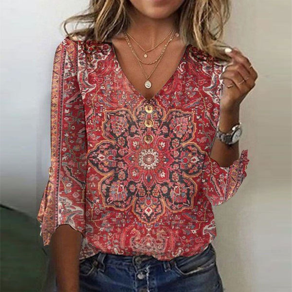 New Mandala Red Print 3/4 Flare Sleeve V-Neck Top Fits S Retails $43+