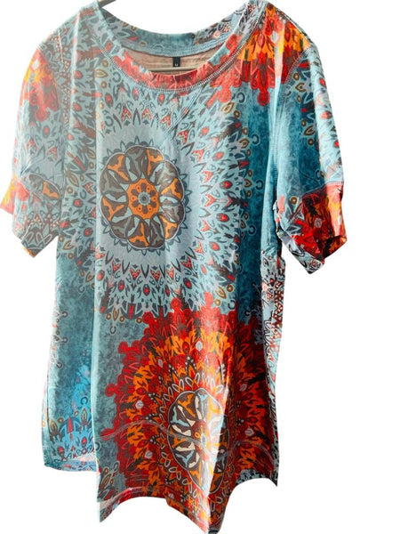 New Women's short sleeve Mandala Print Tunic Tee Sz M