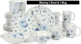 New Martha Stewart Empress Bouquet Decorated Porcelain Dinnerware Plates and Bowls Set - Blue Floral, Service for 6 (30pcs) (Missing 1 Bowl & 1 Mug) Retails $158+