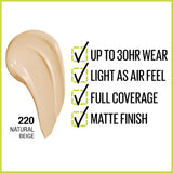 New Maybelline Liquid Foundation, Full Coverage, Lightweight Feel, Waterproof, Sweatproof, Transfer-Resistant, Natural Matte Finish, Super Stay Active Wear, 30 ml, Shade: 220 Natural Beige